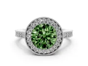 Fancy Green Round Cut Diamond Halo Engagement Ring Set in Silver with Pavé Band and Round Halo Stones