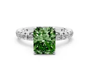 Fancy Green Radiant Cut Diamond Pavé Solitaire Ring Set in Platinum with Round Band and Prong Setting