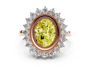 Fancy Yellow Oval Cut Diamond Halo Ring Set in Rose gold with Milgrain Edge and Round Prong Setting