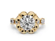 Round Floral Engagement Ring Setting | Petal Frame and Side Stones | Yellow Gold