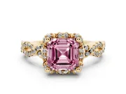 Fancy Pink Asscher Cut Diamond Halo Twist Band Solitaire Ring Set in Yellow gold with Prong-Set Center Stone