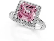 Fancy Pink Asscher Cut Diamond Milgrain Floral Halo Engagement Ring Set in Silver with Pavé Band