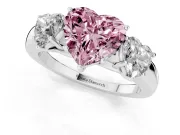 Fancy Pink Heart Cut Diamond Three-Stone Ring Set in White gold with Bold Center and Classic Band