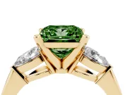 Fancy Green Three-Stone Princess Cut Diamond Ring Set in Yellow gold with Pear Side Stones and Prong Setting