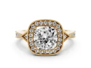 Cushion Cut Vintage Milgrain Halo Engagement Ring Setting | Graduated Pavé Band | Yellow Gold