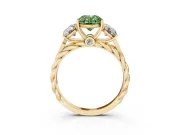 Fancy Green Oval Cut Diamond Three-Stone Ring Set in Yellow gold with Braided Band