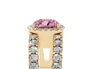 Fancy Pink Cushion Cut Diamond Halo Ring Set in Yellow gold with Pavé Split Shank and Prong Setting