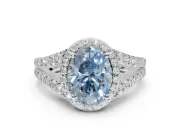 Oval Halo Pavé Engagement Ring Setting for a Fancy Blue Lab-Grown Diamond | Narrow Split Shank | Sterling Silver