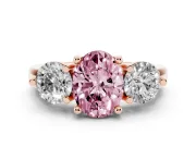 Oval Three Stone Engagement Ring Setting for a Fancy Pink Lab-Grown Diamond | Open Prong Baskets | Rose Gold