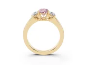 Fancy Pink Three-Stone Pear Cut Diamond Ring Set in Yellow gold with Matching Prong Settings and Plain Band