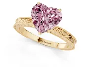 Fancy Pink Heart Cut Diamond Solitaire Milgrain Engraved Band Set in Yellow gold with Prong Setting