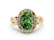 Fancy Green Oval Cut Diamond Halo Ring Set in Yellow gold with Scrollwork Band and Prong Setting