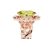 Fancy Yellow Oval Cut Diamond Halo Ring Set in Rose gold with Scrollwork Band and Prong Setting
