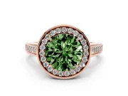 Fancy Green Round Cut Diamond Halo Solitaire Ring Set in Rose gold with Pavé Band and Bezel Setting