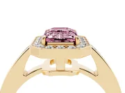 Fancy Pink Emerald Cut Diamond Halo Pavé Engagement Ring Set in Yellow gold with Bezel Setting