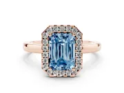Fancy Blue Emerald Cut Diamond Halo Solitaire Ring Set in Rose gold with Pavé Band and Prong Setting