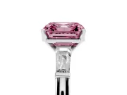 Fancy Pink Asscher Cut Diamond Solitaire Ring Set in Platinum with Tapered Baguette Side Stones and Prong Setting