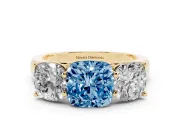Cushion Cut Three Stone Engagement Ring Setting for a Fancy Blue Lab-Grown Diamond | Basket Prong Heads | Yellow Gold