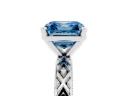 Fancy Blue Asscher Cut Diamond Solitaire Ring Set in Silver with Milgrain and Black Enamel X Pattern Band