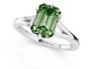 Fancy Green Emerald Cut Diamond Solitaire Ring Set in Silver with Polished Tapered Band and Prong Setting