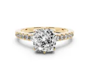 Cushion Cut Hidden Halo Solitaire Engagement Ring Setting | Shared Prong Band | Yellow Gold
