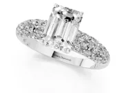 Emerald Cut Multi Row Pave Solitaire Engagement Ring Setting | Domed Shoulders | White Gold