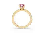 Fancy Pink Cushion Cut Diamond Solitaire Ring Set in Yellow gold with Slim Pavé Band and Prong Setting