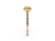 Fancy Yellow Cushion Cut Diamond Halo Engagement Ring Set in Rose gold with Pavé Band and Prong Setting