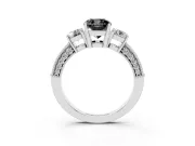 Fancy Black Cushion Cut Diamond Three-Stone Ring Set in White gold with Round Side Stones and Pavé Band