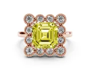 Asscher Cut Milgrain Cluster Halo Engagement Ring Setting for a Fancy Yellow Lab-Grown Diamond | Plain Band | Rose Gold