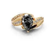 Fancy Black Pear Cut Diamond Solitaire Ring Set in Yellow gold with Layered Twist Pavé Band