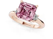 Fancy Pink Three-Stone Asscher Cut Diamond Ring Set in Rose gold with Prong Setting and Plain Band