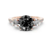 Fancy Black Round Cut Diamond Three-Stone Ring Set in Rose gold with Pavé Band and Graduated Sides
