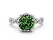 Fancy Green Cushion Cut Diamond Halo Twist Band Solitaire Ring Set in Silver with Prong-Set Center Stone