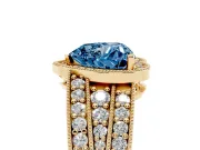 Fancy Blue Heart Cut Diamond Halo Ring Set in Yellow gold with Accent Split Shank and Prong Setting