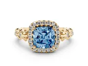 Cushion Cut Leaf Halo Engagement Ring Setting for a Fancy Blue Lab-Grown Diamond | Bezel Accents | Yellow Gold
