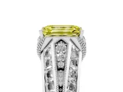Fancy Yellow Emerald Cut Diamond Vintage-Inspired Milgrain Ring Set in White gold with Accent Split Shank