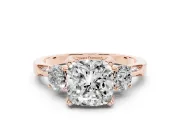 Cushion Cut Hidden Halo Three Stone Engagement Ring Setting | Pave Gallery | Rose Gold
