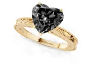 Fancy Black Heart Cut Diamond Solitaire Milgrain Engraved Band Set in Yellow gold with Prong Setting