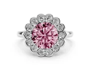 Round Scalloped Cluster Halo Engagement Ring Setting for a Fancy Pink Lab-Grown Diamond | Plain Band | Sterling Silver