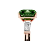 Fancy Green Asscher Cut Diamond Solitaire Ring Set in Rose gold with Tapered Baguette Side Stones and Prong Setting