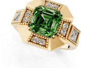 Fancy Green Asscher Cut Diamond Milgrain Halo Ring Set in Yellow gold with Split Shank