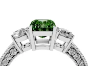 Fancy Green Emerald Cut Diamond Three-Stone Ring Set in White gold with Round Side Stones and Pavé Band