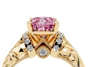 Fancy Pink Cushion Cut Diamond Filigree Halo Engagement Ring Set in Yellow gold with Prong Setting