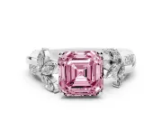 Fancy Pink Asscher Cut Diamond Floral Vine Solitaire Engagement Ring Set in White gold with Marquise Leaves