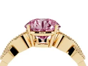 Fancy Pink Round Cut Diamond Milgrain Leaf Band Solitaire Ring Set in Yellow gold with Accent Stones and Prong Setting