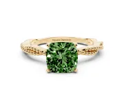 Fancy Green Cushion Cut Diamond Solitaire Ring Set in Yellow gold with Twisted Band and Bead Prong Setting
