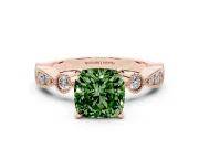 Fancy Green Cushion Cut Diamond Solitaire Engagement Ring Set in Rose gold with Milgrain Bezel Accent Band