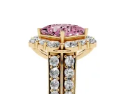 Fancy Pink Princess Cut Diamond Halo Engagement Ring Set in Yellow gold with Split Shank and Prong Setting