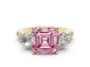 Fancy Pink Three-Stone Asscher Cut Diamond Pavé Band Ring Set in Yellow gold with Prong-Set Trio
